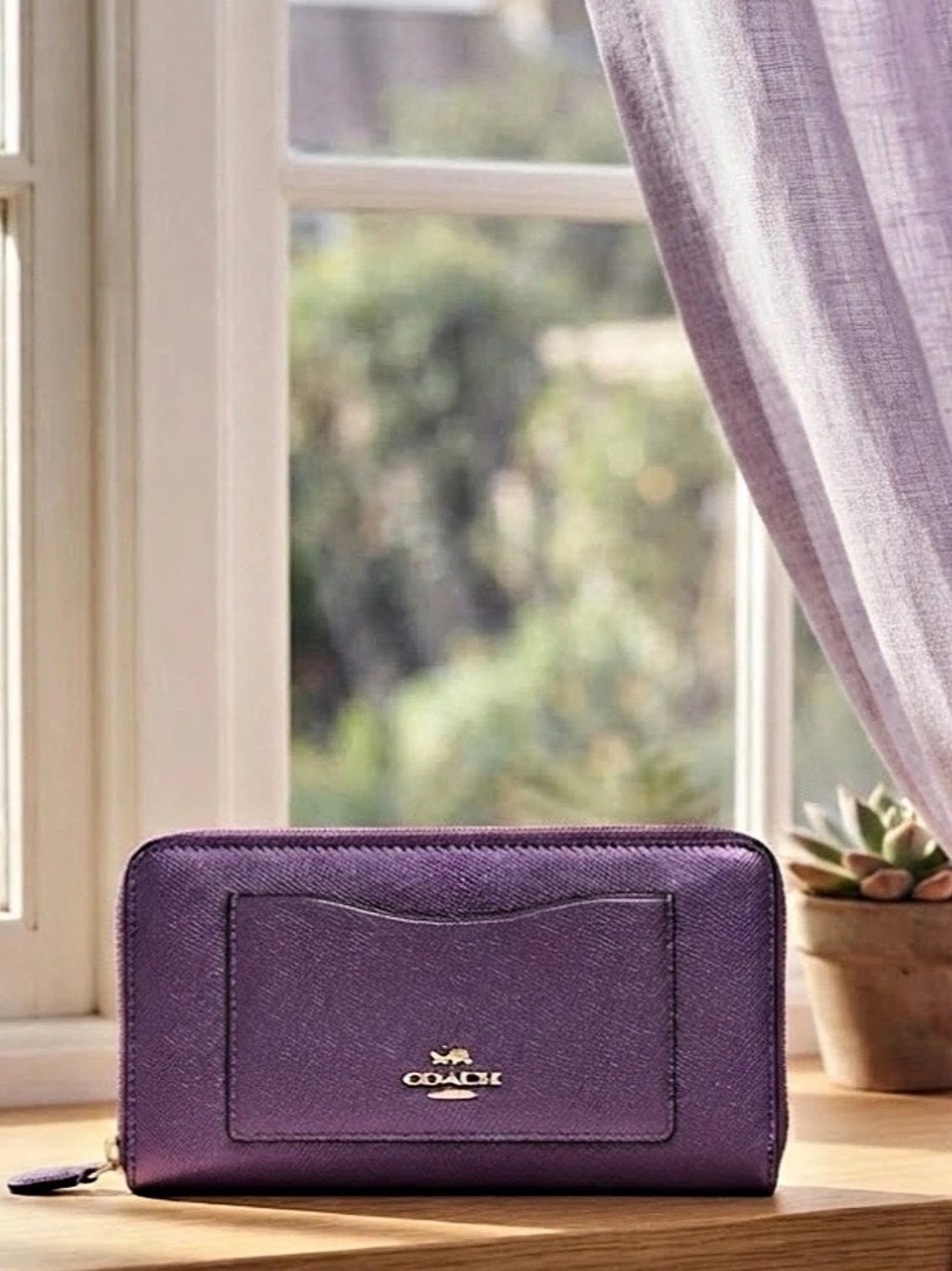 Coach Authentic Zip Around Wallet Metallic Purple